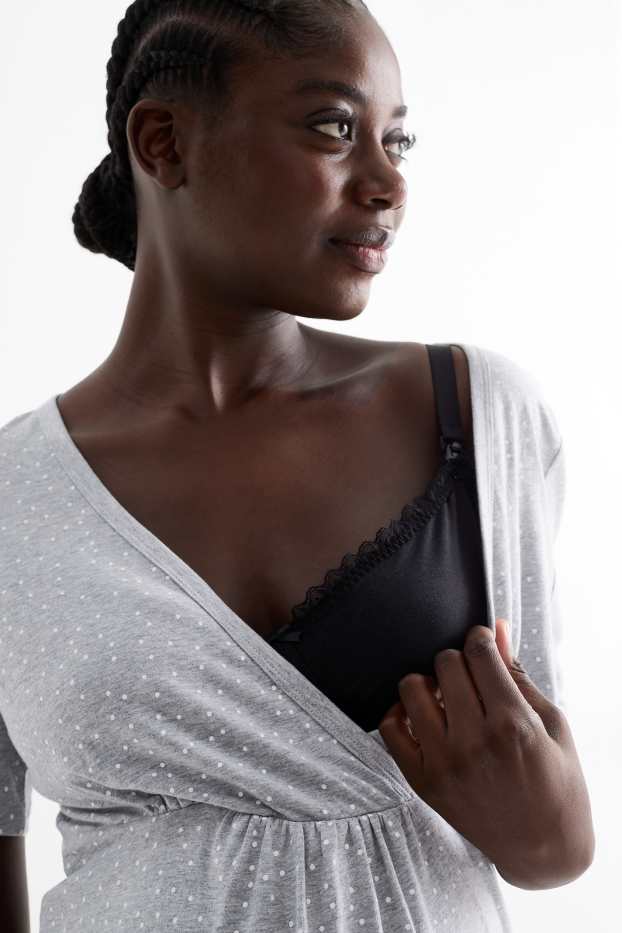 Dámské - Kojící noční košile - puntíkovaná - světle šedá-žíhaná