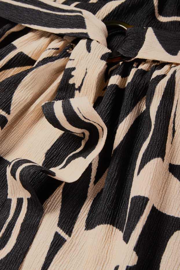 Women - Fit & flare dress with belt - floral - textured - black / beige