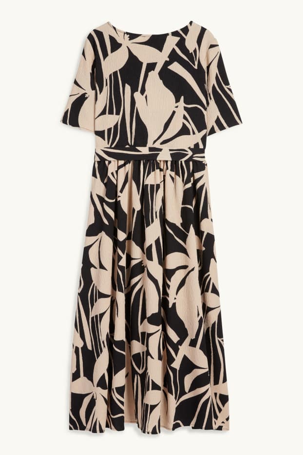 Women - Fit & flare dress with belt - floral - textured - black / beige