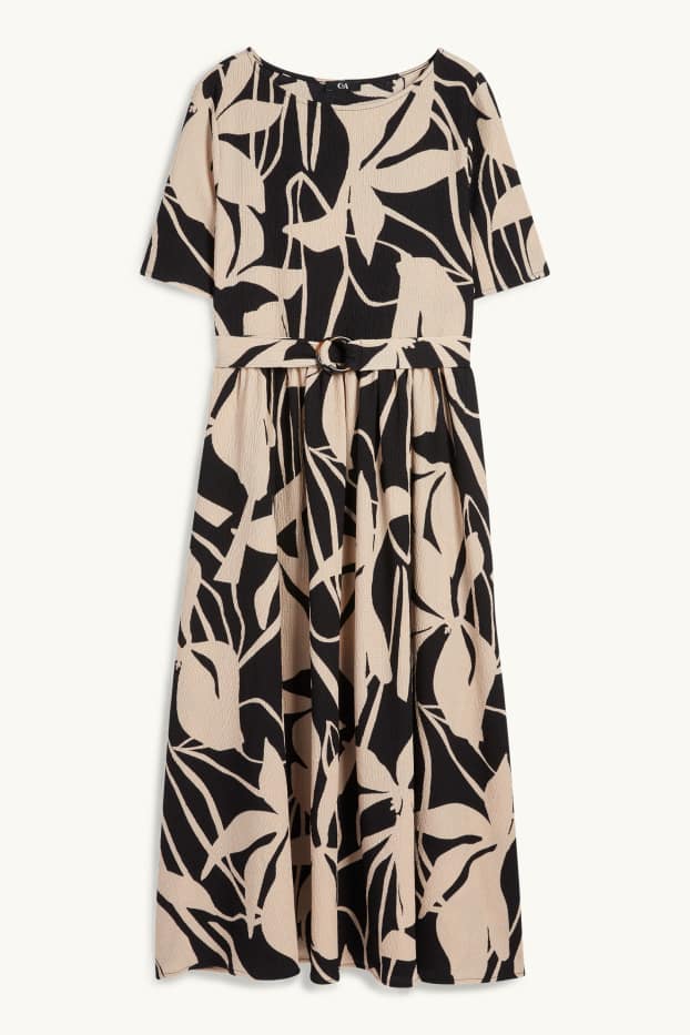 Women - Fit & flare dress with belt - floral - textured - black / beige