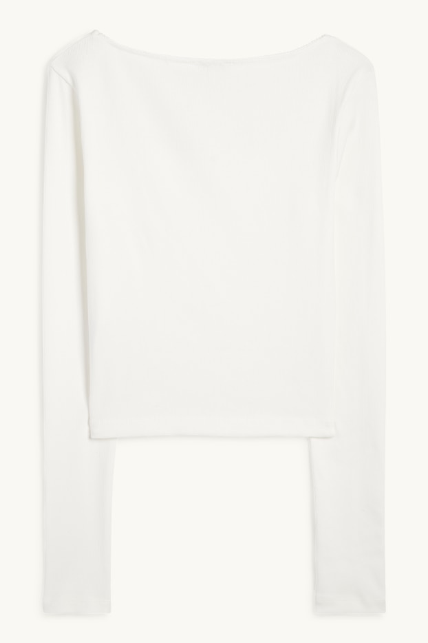 Femei - Tricou crop cu mânecă lungă - reiat - alb