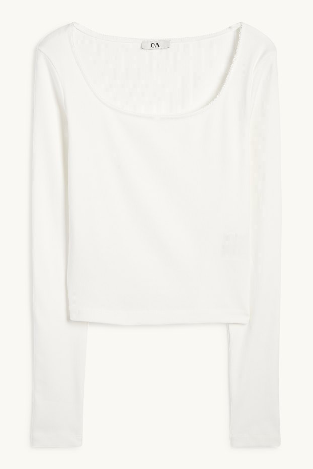 Femei - Tricou crop cu mânecă lungă - reiat - alb