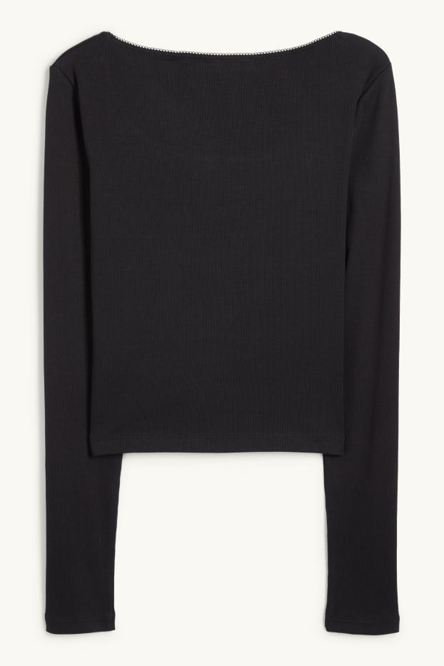 Dames - Korte longsleeve - geribd - zwart