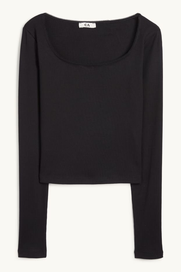 Dames - Korte longsleeve - geribd - zwart