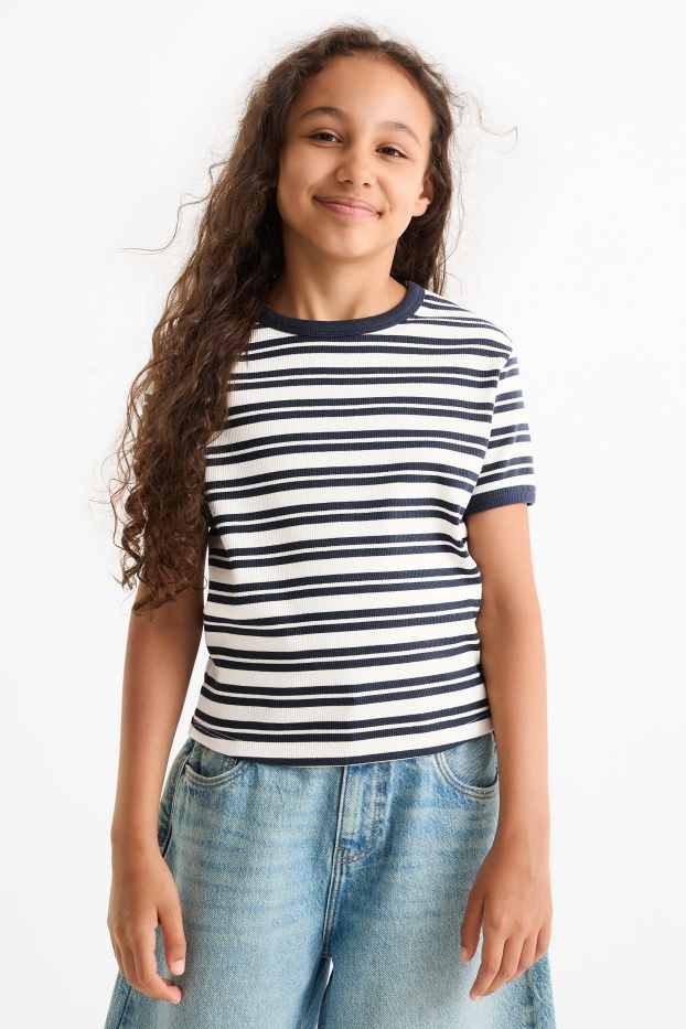 Enfants filles - T-shirt - finition côtelée - à rayures - bleu foncé
