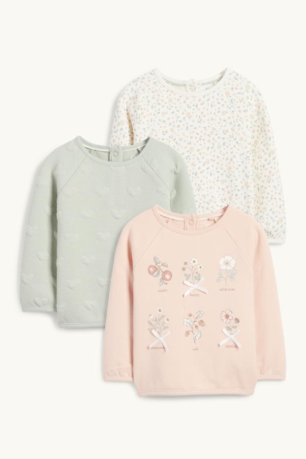 Baby: meisjes - Set van 3 - bloemetjes en hartjes - babysweatshirt - roze