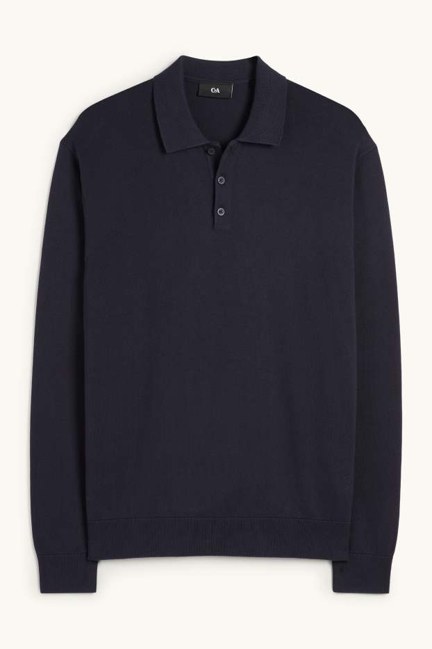 Hommes - Polo à manches longues - brodé - bleu foncé