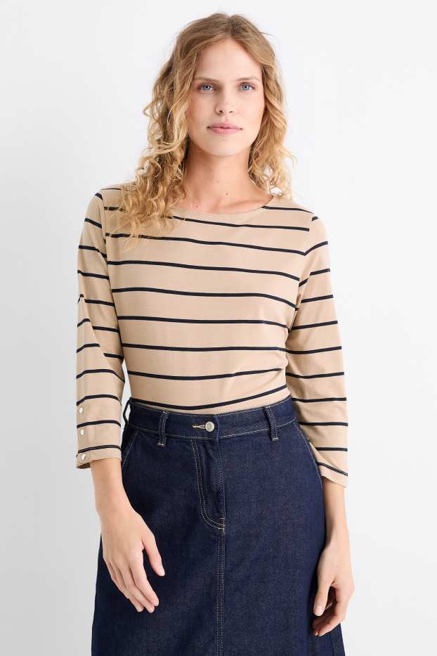 Dámské - Tričko s dlouhým rukávem - pruhované - světle béžová