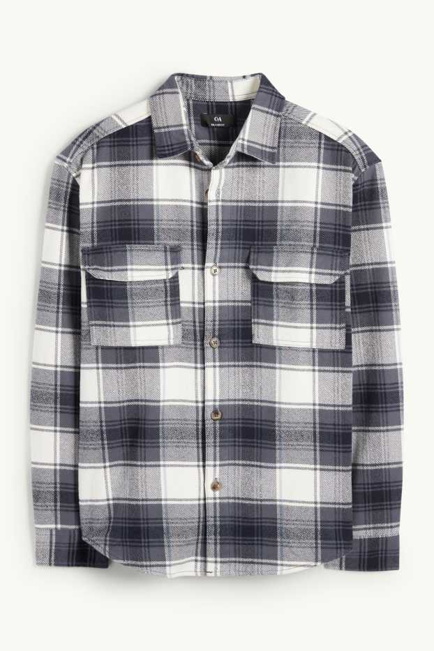 Heren - Flanellen overhemd - relaxed fit - kent - geruit - donkerblauw