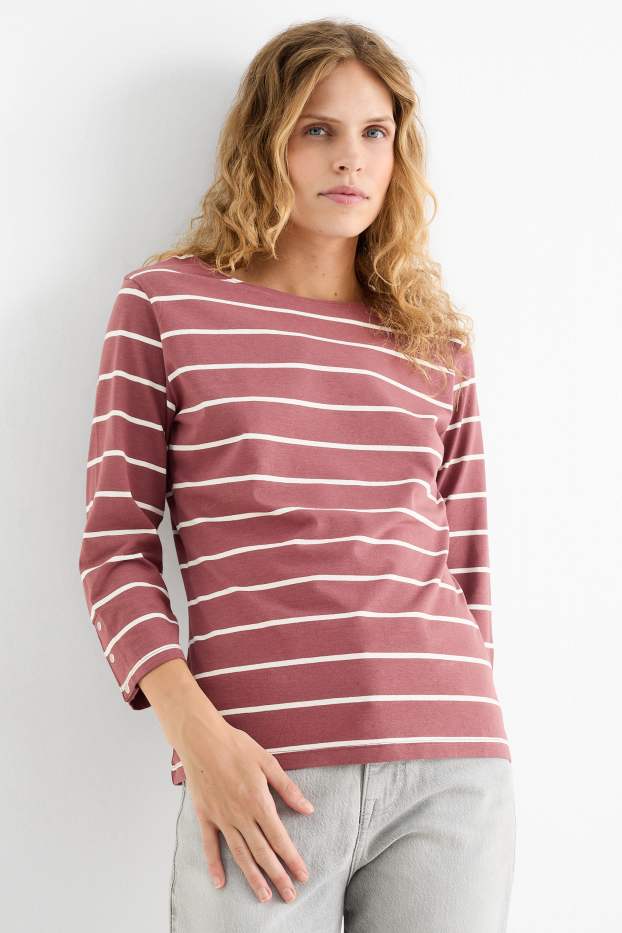Women - Long sleeve top - striped - dark rose
