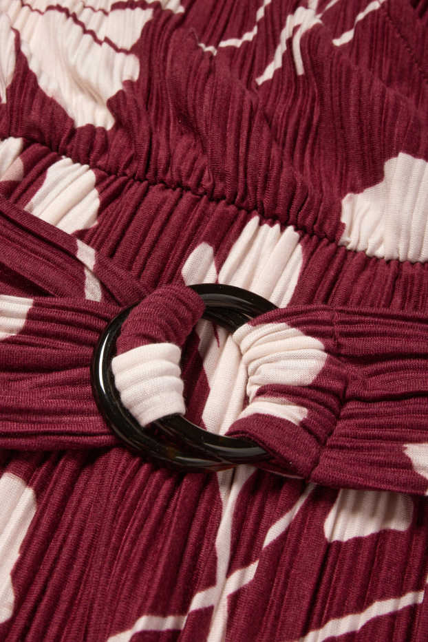 Women - Pleated wrap dress with belt - floral - bordeaux