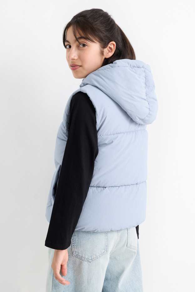 Děti - dívky - Prošívaná vesta s kapucí - z vodoodpudivého materiálu - světle modrá