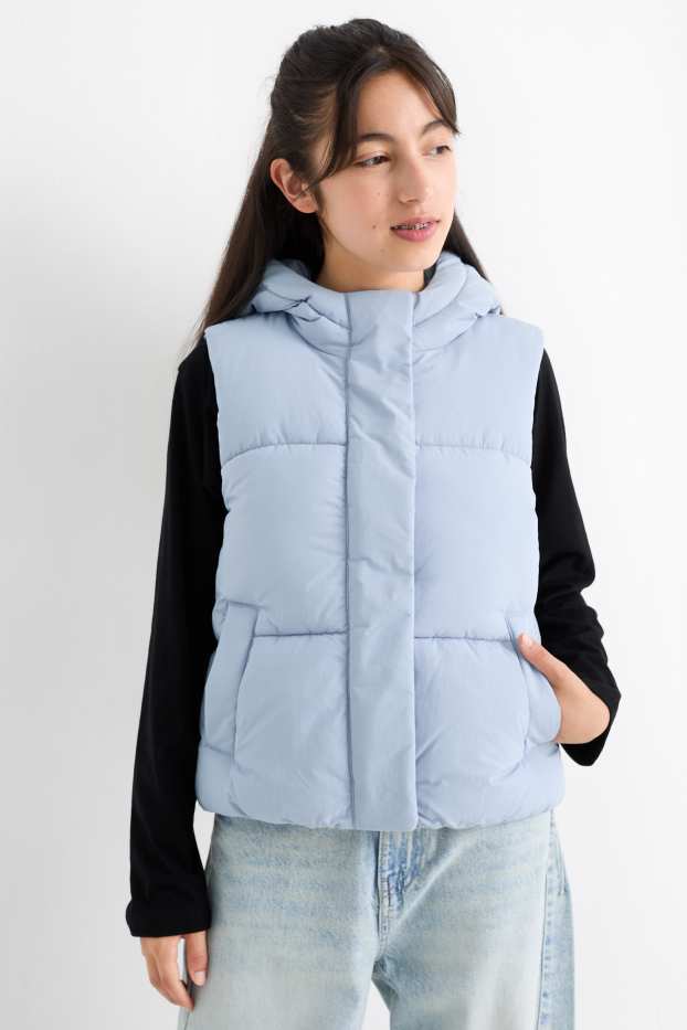 Děti - dívky - Prošívaná vesta s kapucí - z vodoodpudivého materiálu - světle modrá