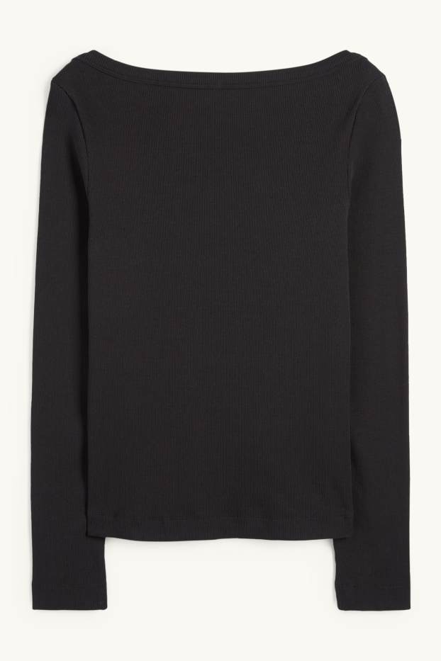 Dámské - Tričko s dlouhým rukávem - slim fit - žebrované - černá
