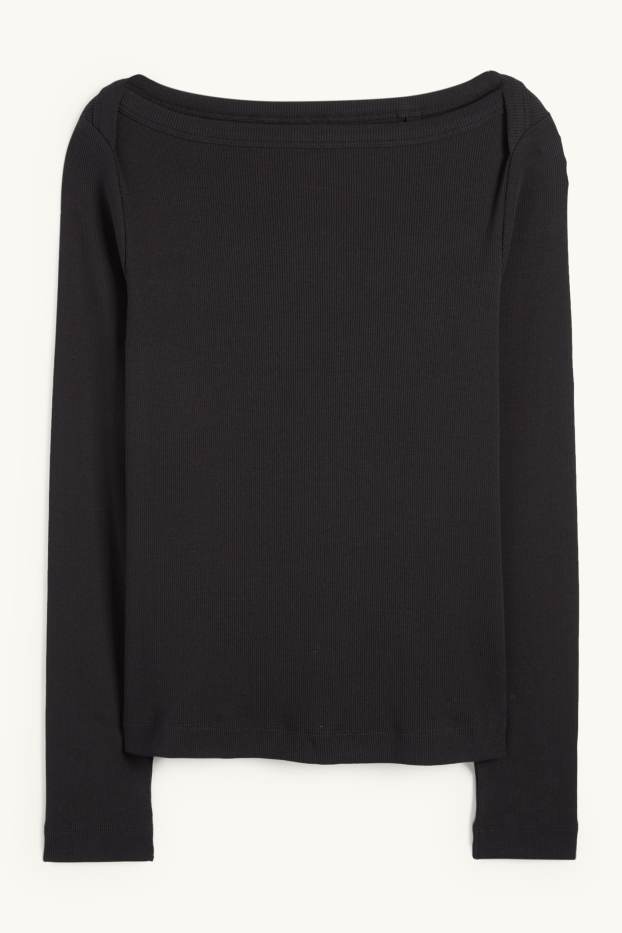 Dámské - Tričko s dlouhým rukávem - slim fit - žebrované - černá