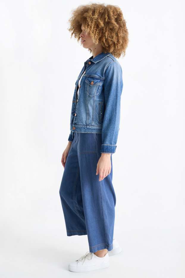 Femmes - Pantalon de toile - high waist - wide leg - aspect jean - jean bleu foncé