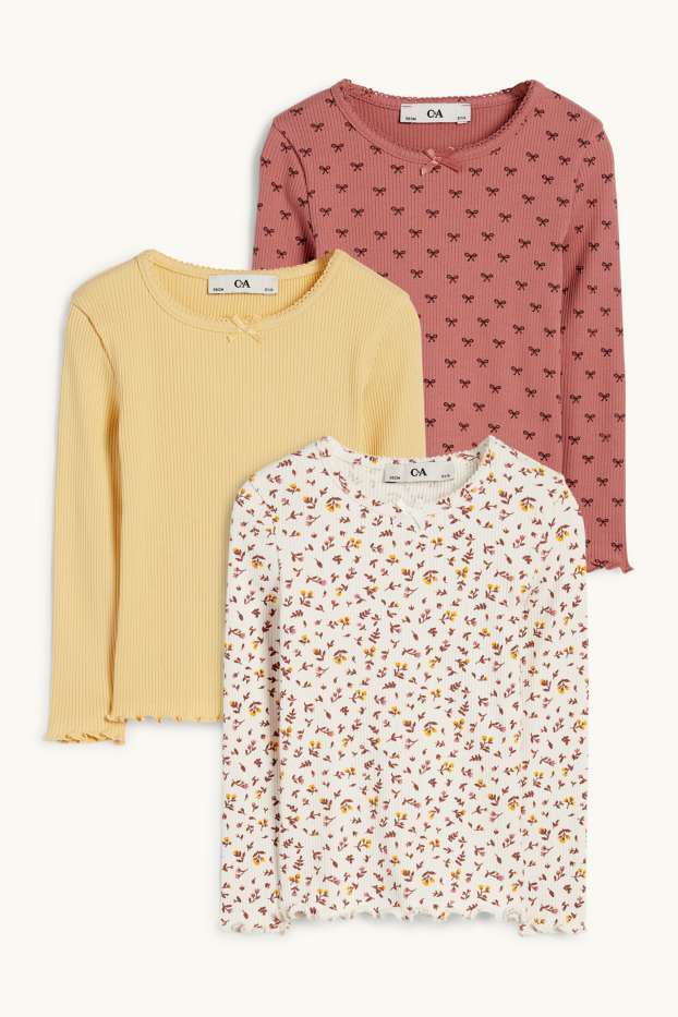Kinderen: meisjes - Set van 3 - bloem en strik - longsleeve - geribd - crème wit