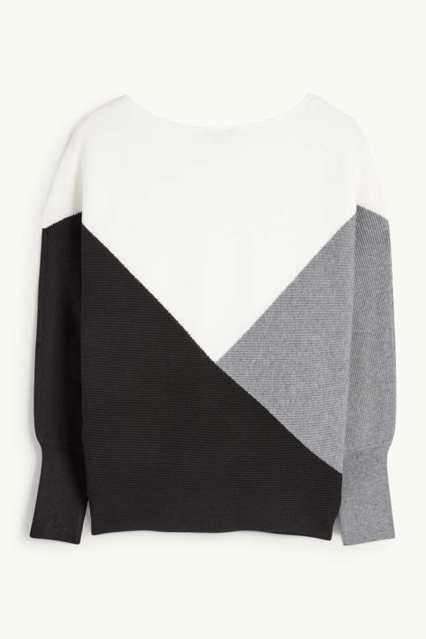 Damen - Pullover - gerippt - schwarz / weiß