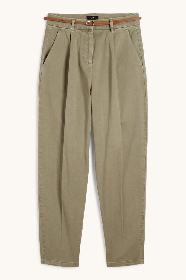 Damen - Stoffhose mit Gürtel - High Waist - Barrel Leg - khaki
