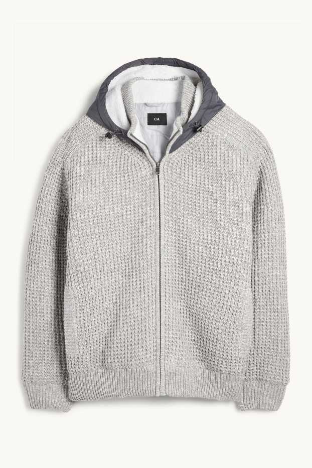 Herren - Strickjacke mit Kapuze - gefüttert - strukturiert - hellgrau