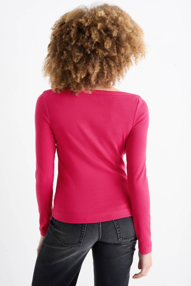 Dámské - Tričko s dlouhým rukávem - slim fit - žebrované - růžová