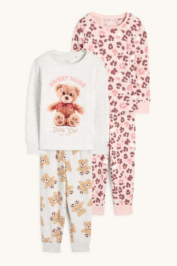 Enfants filles - Lot de 2 - peluche - pyjamas - 4 pièces - gris / rose