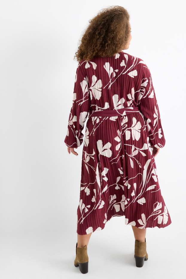 Women - Pleated wrap dress with belt - floral - bordeaux
