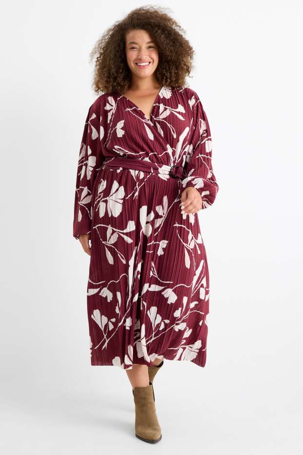 Women - Pleated wrap dress with belt - floral - bordeaux