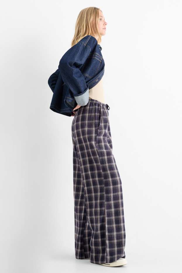 Donna - Pantaloni - vita media - gamba ampia - a quadretti - blu scuro