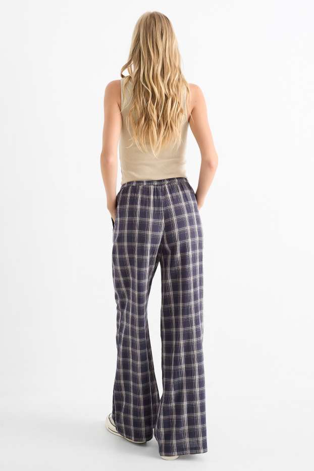 Donna - Pantaloni - vita media - gamba ampia - a quadretti - blu scuro