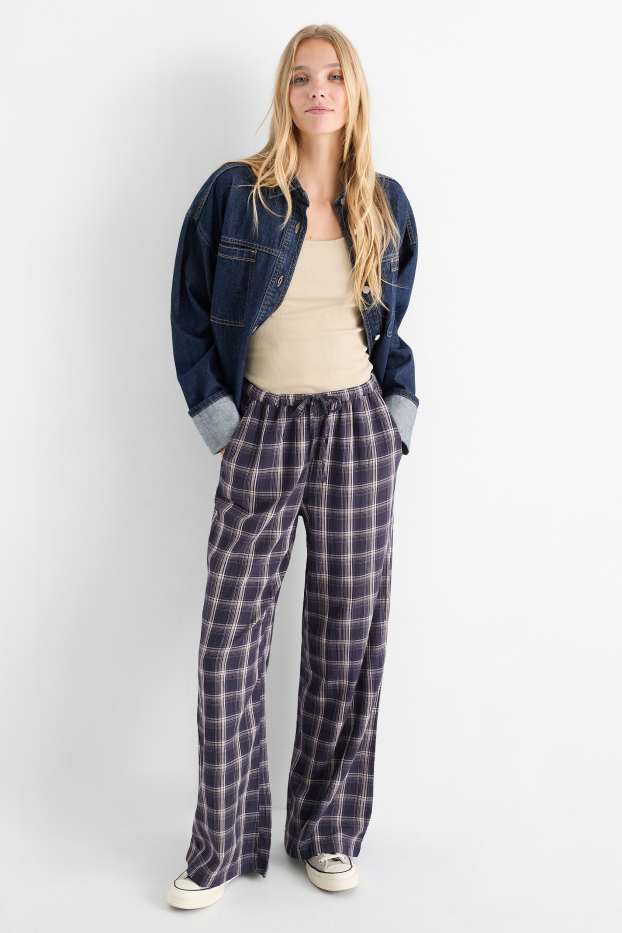Donna - Pantaloni - vita media - gamba ampia - a quadretti - blu scuro