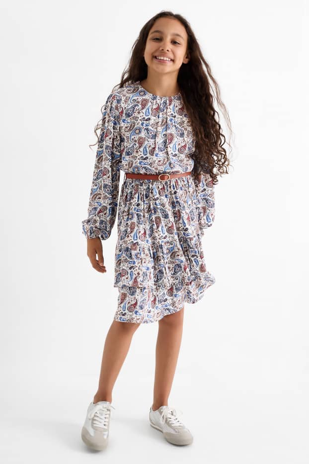 Enfants filles - Robe à ceinture - à motif - bleu