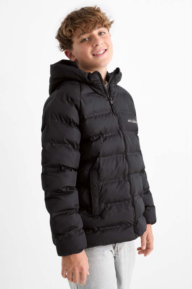 Kinder Jungen - Steppjacke mit Kapuze - wasserabweisend - schwarz