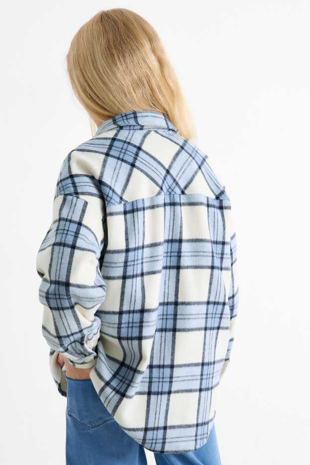 Enfants filles - Chemise en flanelle - à carreaux - blanc / bleu clair