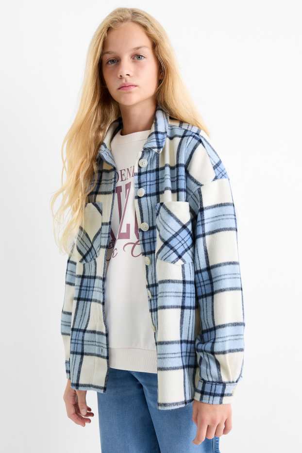 Enfants filles - Chemise en flanelle - à carreaux - blanc / bleu clair