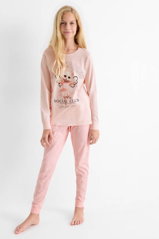 Niñas - Gatita bailarina - pijama - 2 prendas - rosa