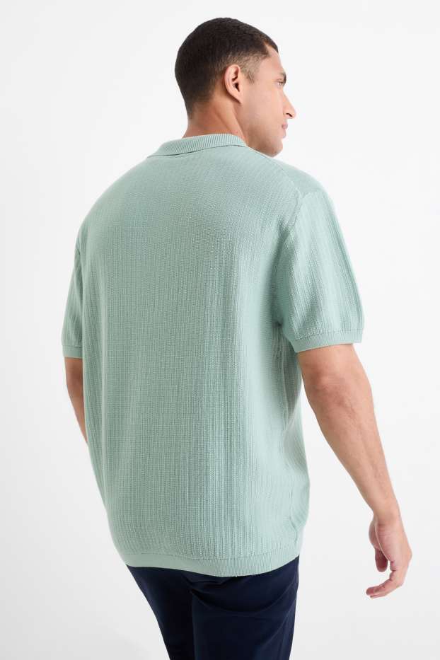 Men - Knitted polo shirt - relaxed fit - textured - turquoise