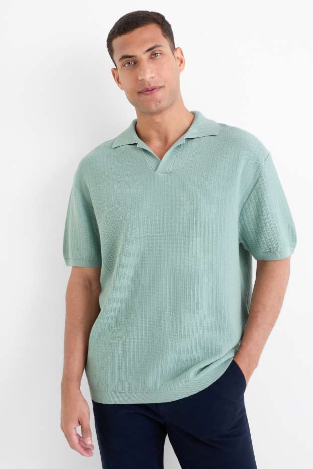 Men - Knitted polo shirt - relaxed fit - textured - turquoise