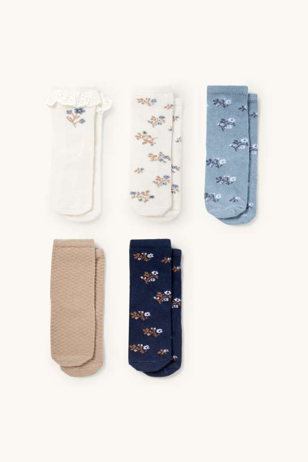 Baby Girls - Multipack of 5 - flowers - baby socks with motif - blue / beige