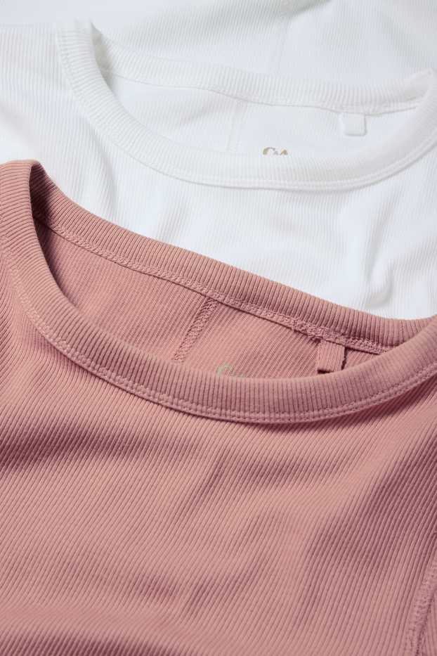 Femmes - Lot de 2 - haut à manches longues - slim fit - finition côtelée - rose foncé