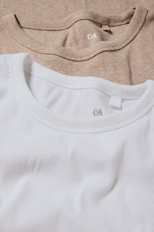 Femmes - Lot de 2 - haut à manches longues - slim fit - finition côtelée - blanc / beige