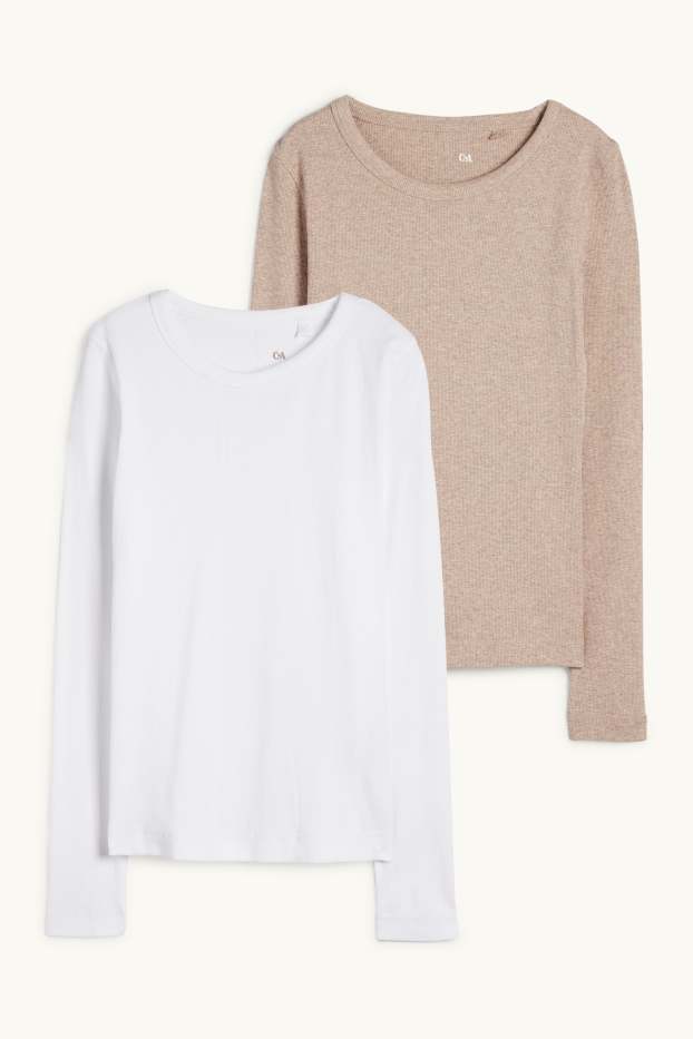 Femmes - Lot de 2 - haut à manches longues - slim fit - finition côtelée - blanc / beige