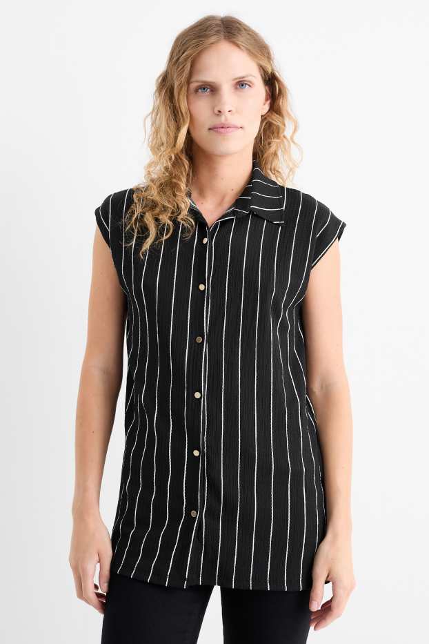 Dames - Blousetop - gestreept - met structuur - zwart