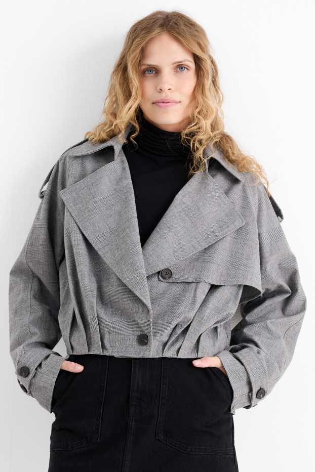 Dames - Korte trenchcoat - geruit - grijs