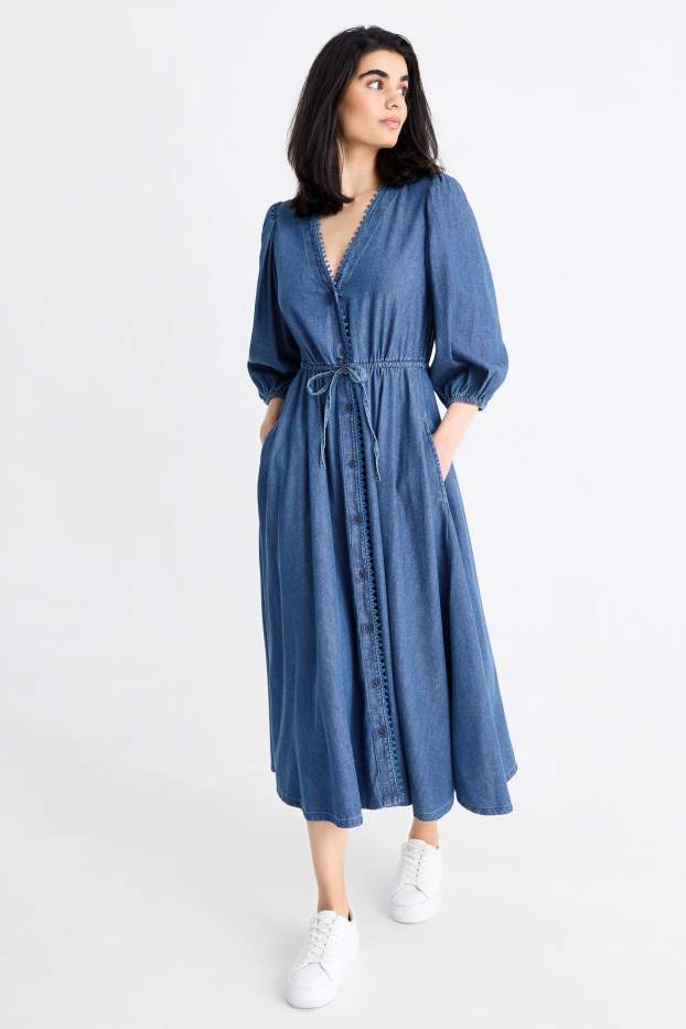 Women - V-neck denim dress - dark blue
