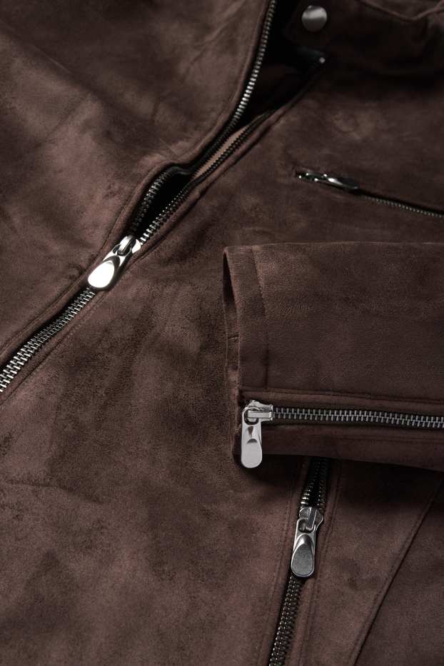 Heren - Bikerjack - imitatiesuède - donkerbruin