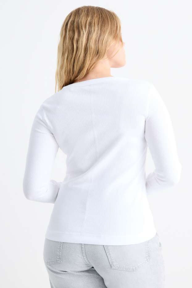 Femmes - Lot de 2 - haut à manches longues - slim fit - finition côtelée - blanc / beige