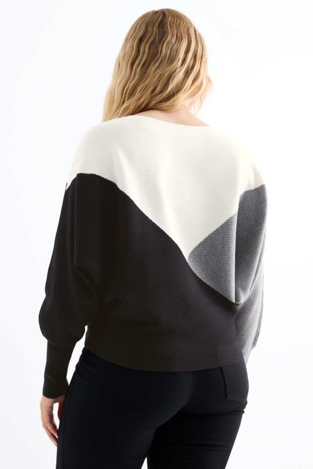 Damen - Pullover - gerippt - schwarz / weiß