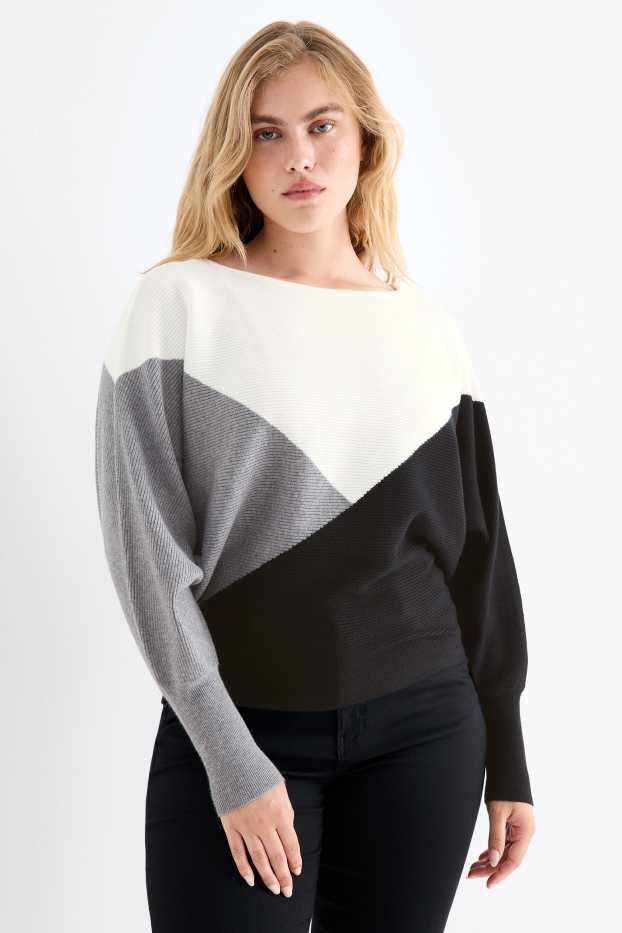 Damen - Pullover - gerippt - schwarz / weiß