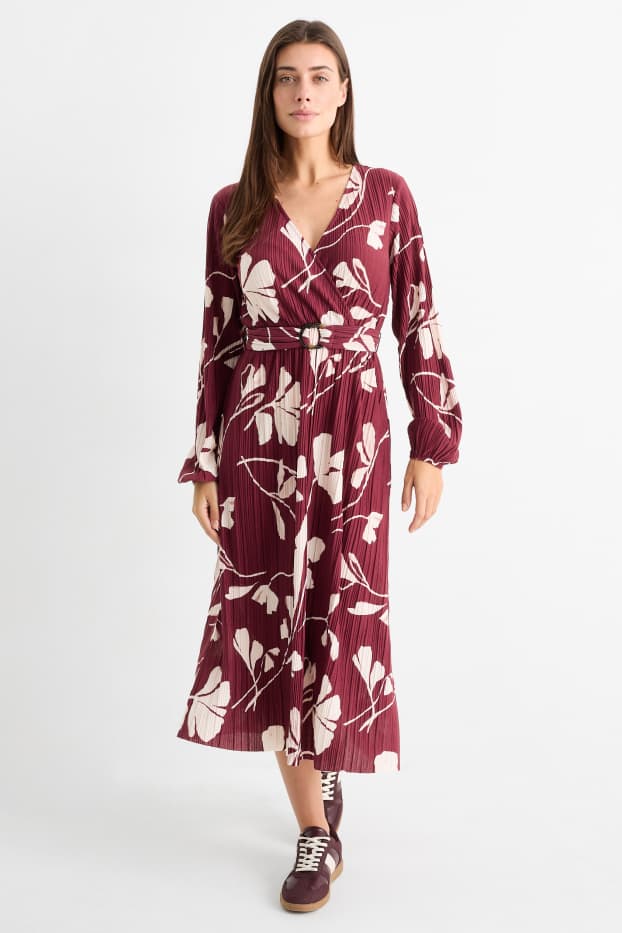 Women - Pleated wrap dress with belt - floral - bordeaux